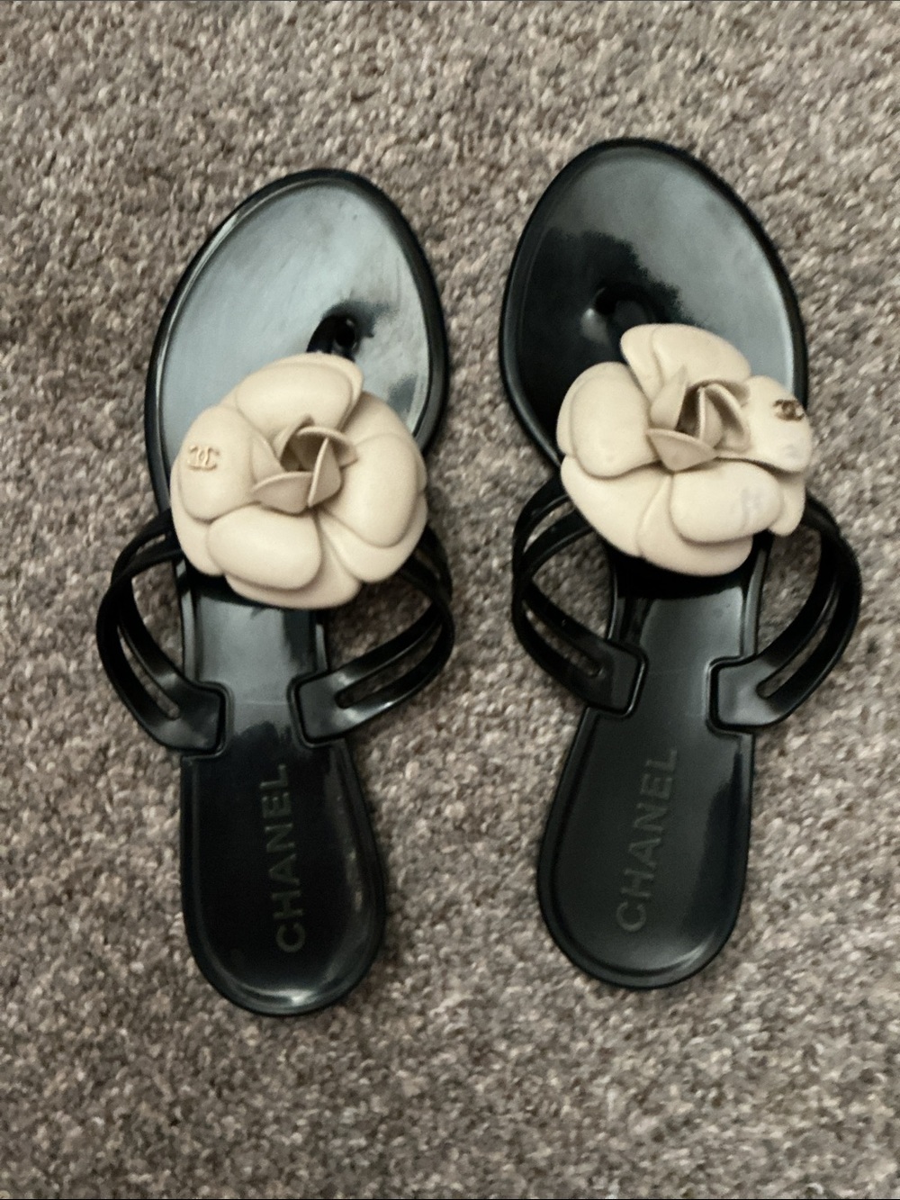 CHANEL Black Jelly Sandals with Cream Camellia Flowers